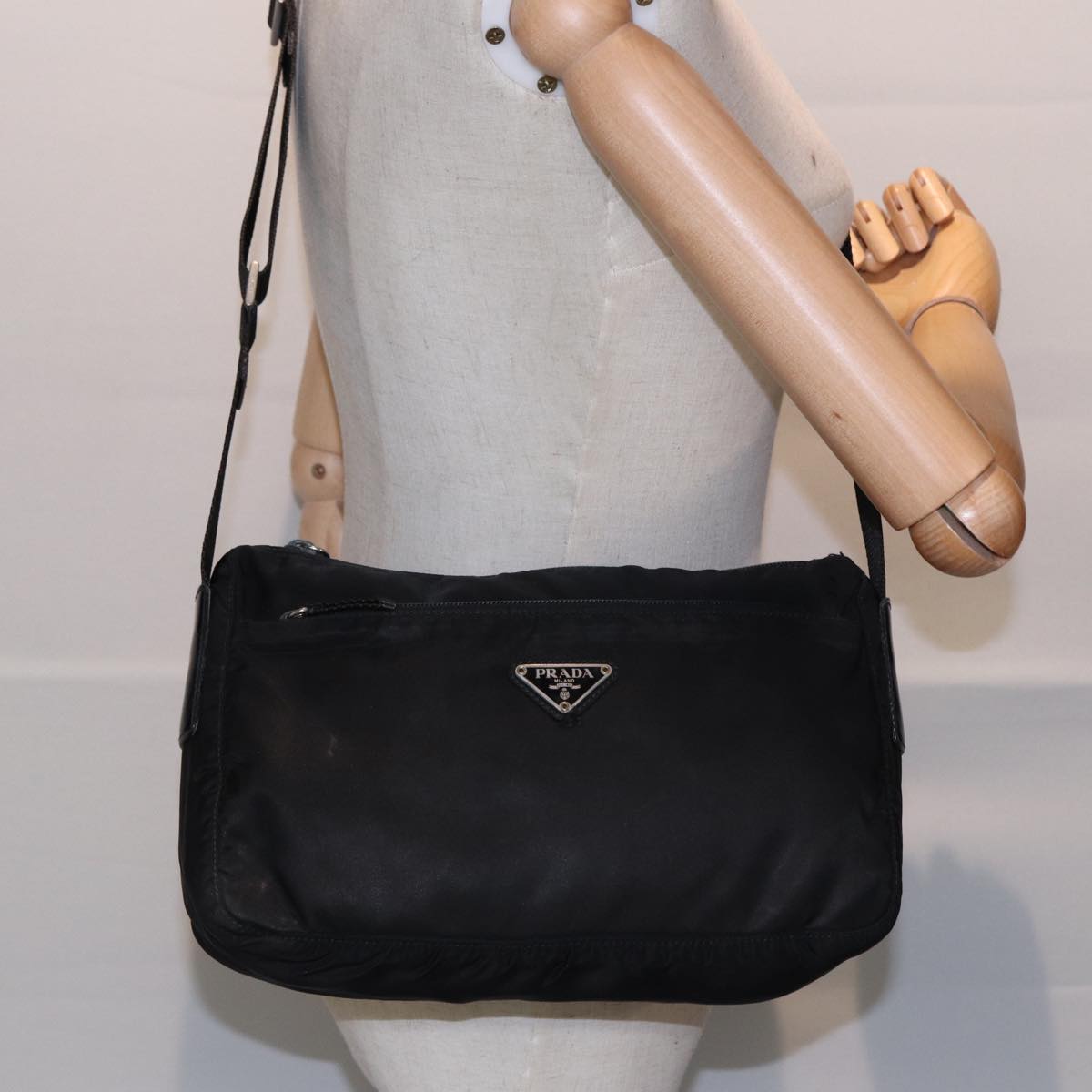 PRADA Shoulder Bag Nylon Black Silver Auth bs17764