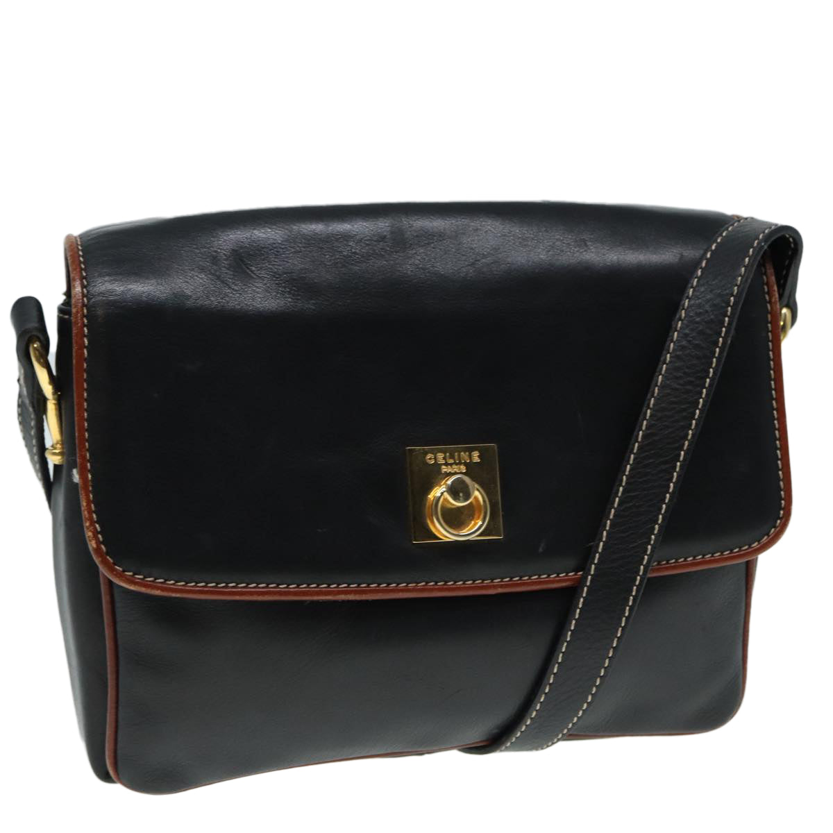 CELINE Shoulder Bag Leather Black Gold Auth bs17772