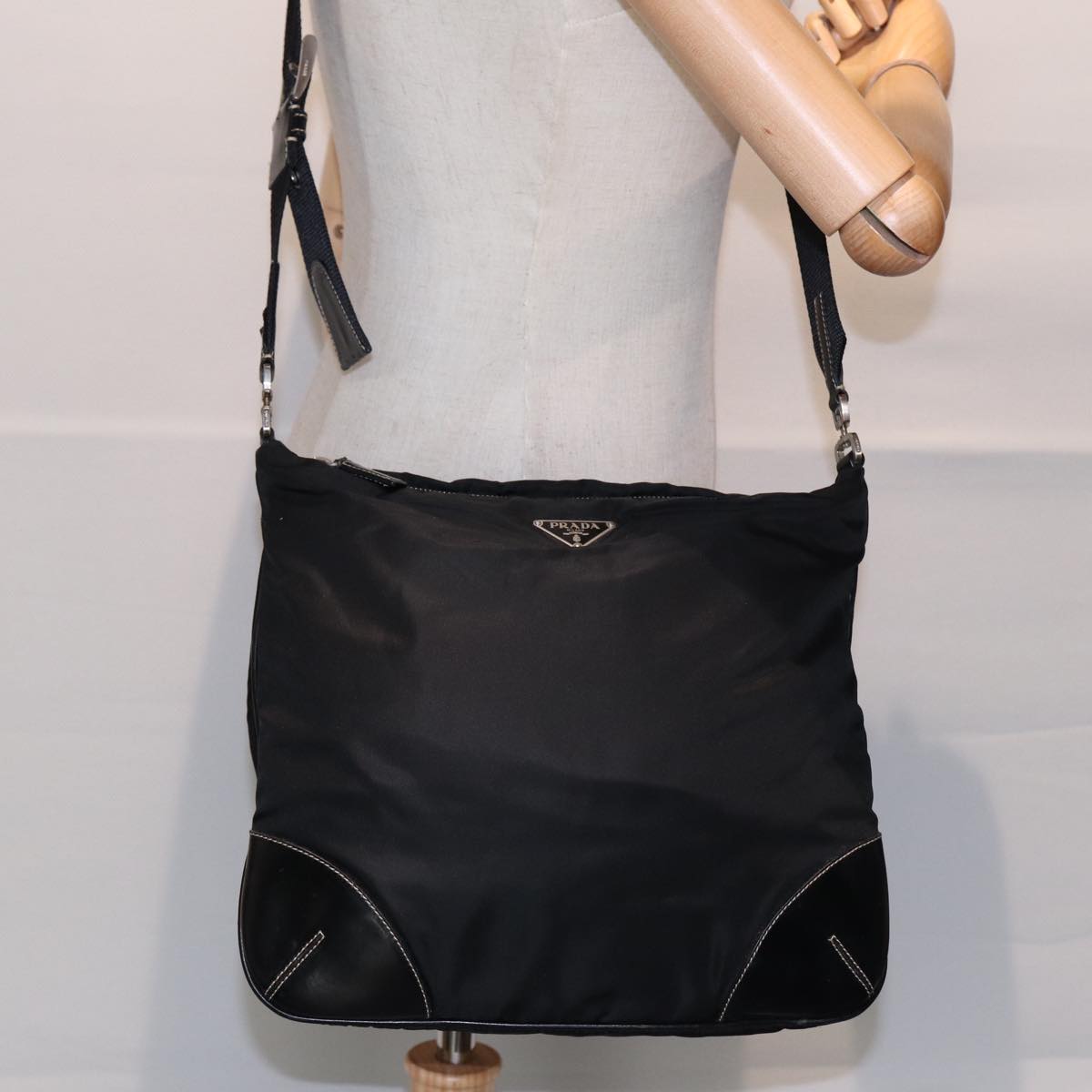 PRADA Shoulder Bag Nylon Black Silver Auth bs17774