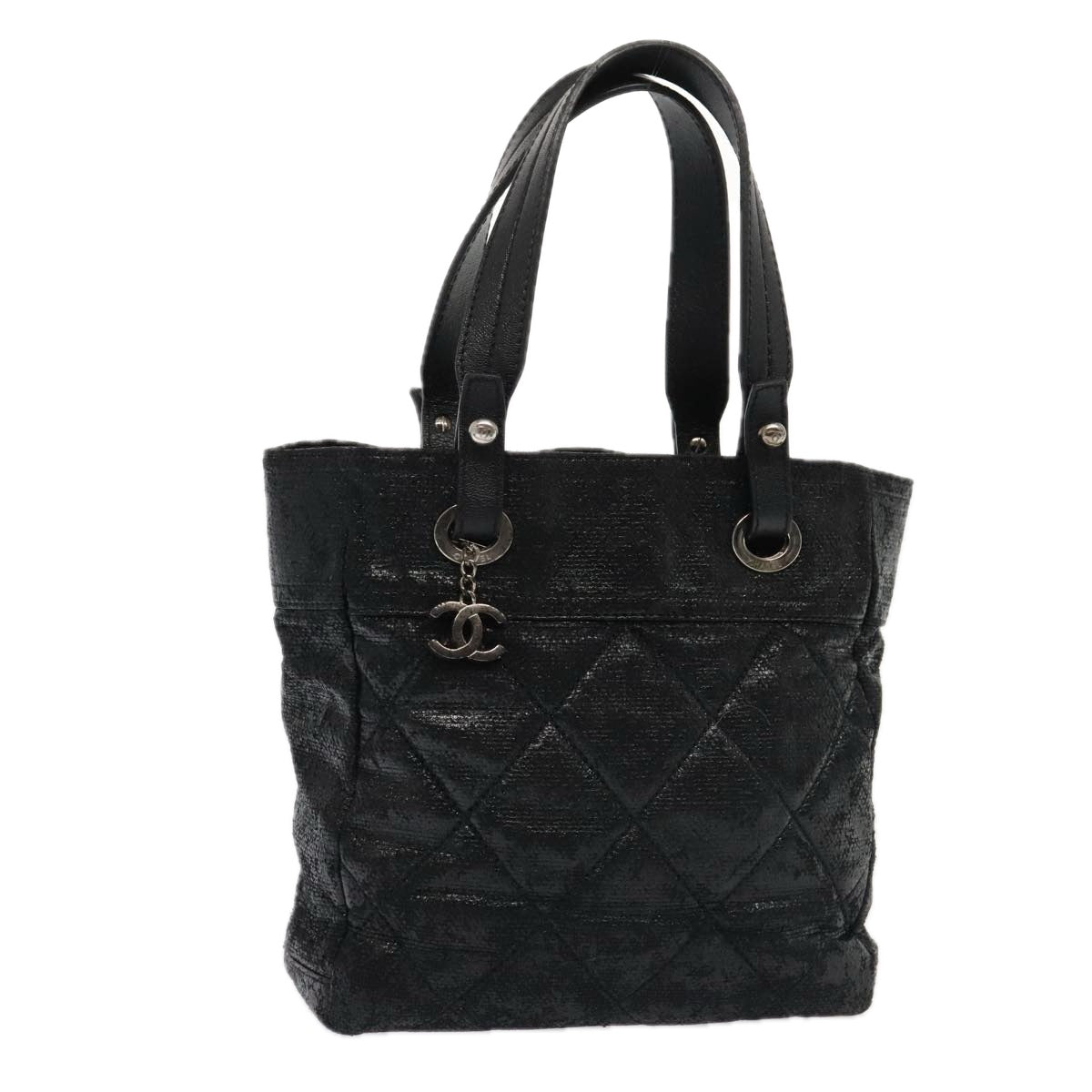 CHANEL Paris Biarritz MM Tote Bag Coated Canvas Black Silver CC Auth bs17785