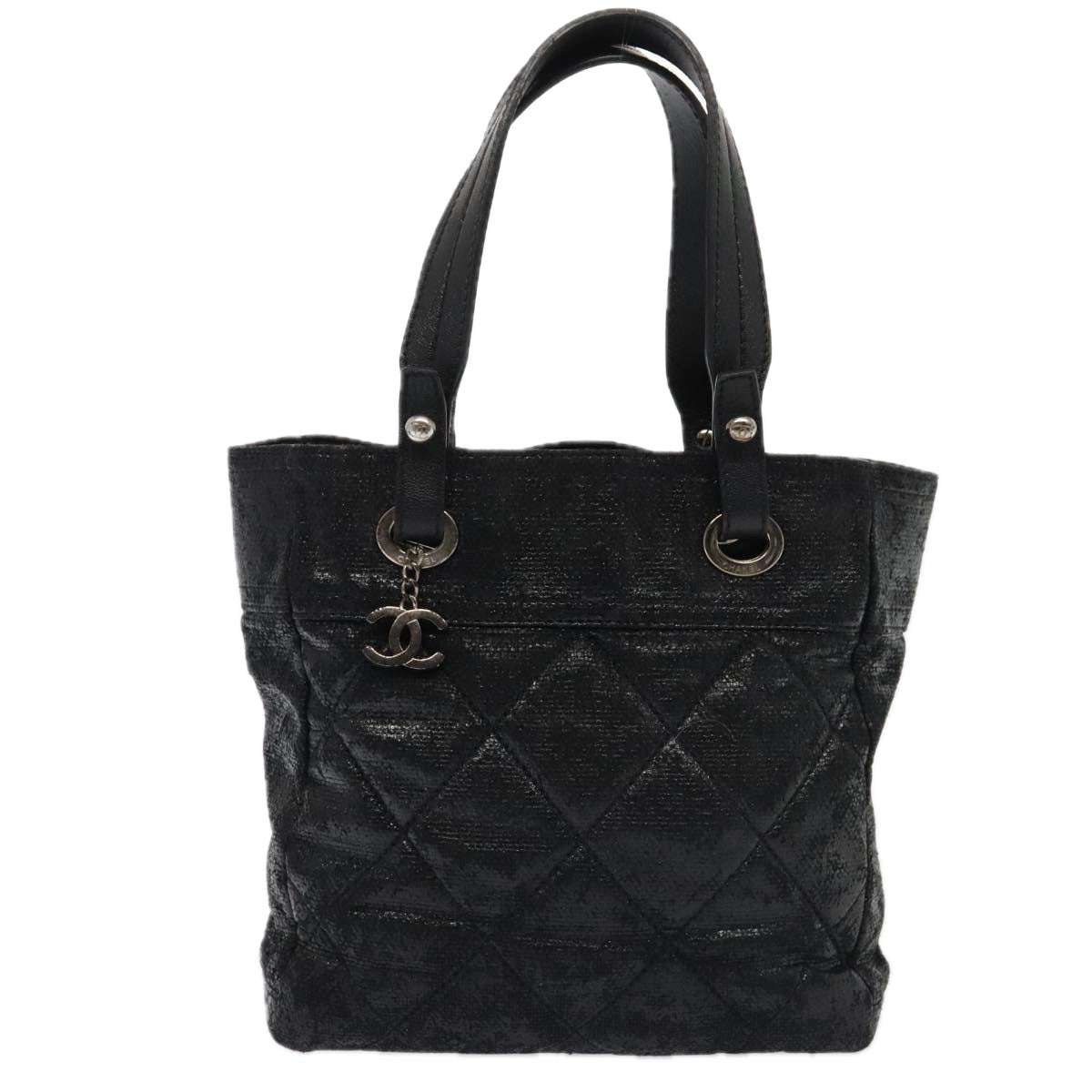 CHANEL Paris Biarritz MM Tote Bag Coated Canvas Black Silver CC Auth bs17785