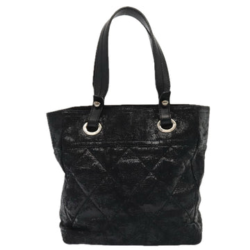 CHANEL Paris Biarritz MM Tote Bag Coated Canvas Black Silver CC Auth bs17785 - 0