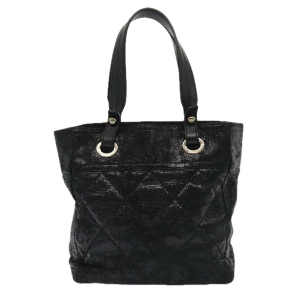 CHANEL Paris Biarritz MM Tote Bag Coated Canvas Black Silver CC Auth bs17785
