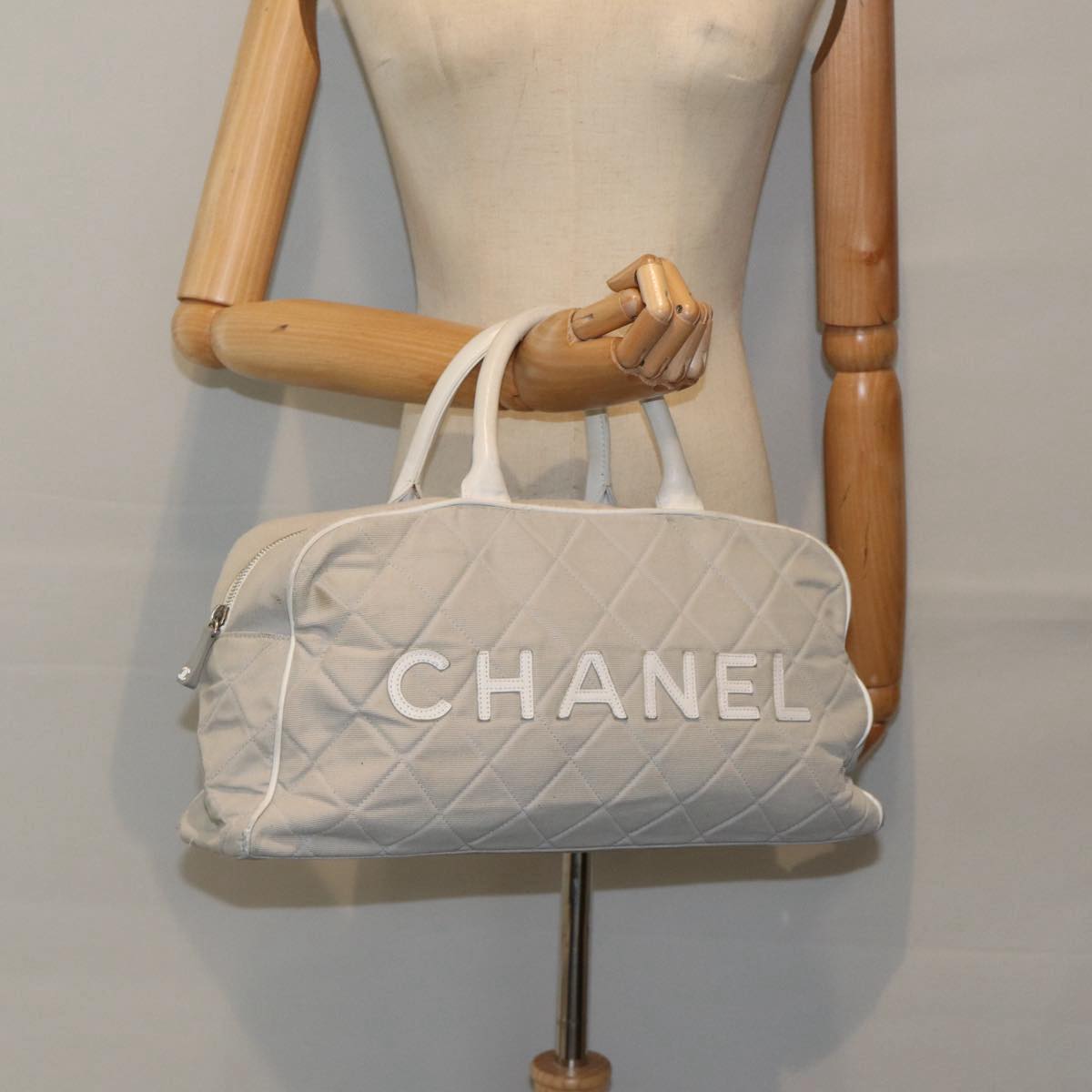 CHANEL Hand Bag Canvas Gray Silver CC Auth bs17832