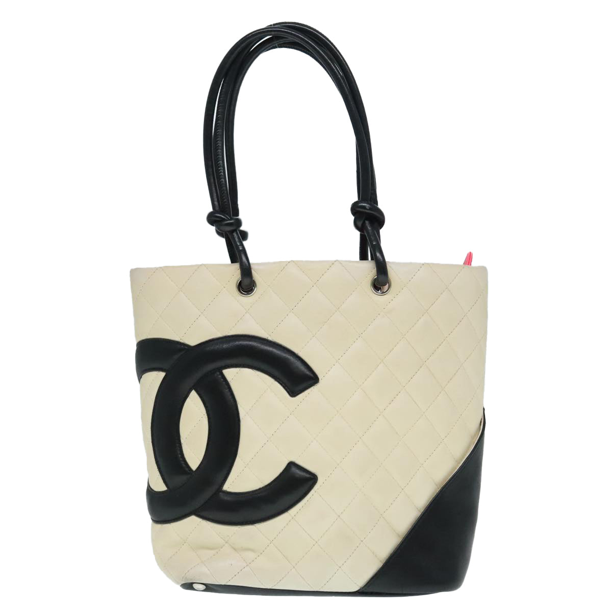 CHANEL Cambon Line Hand Bag Leather White Silver black CC Auth bs17836