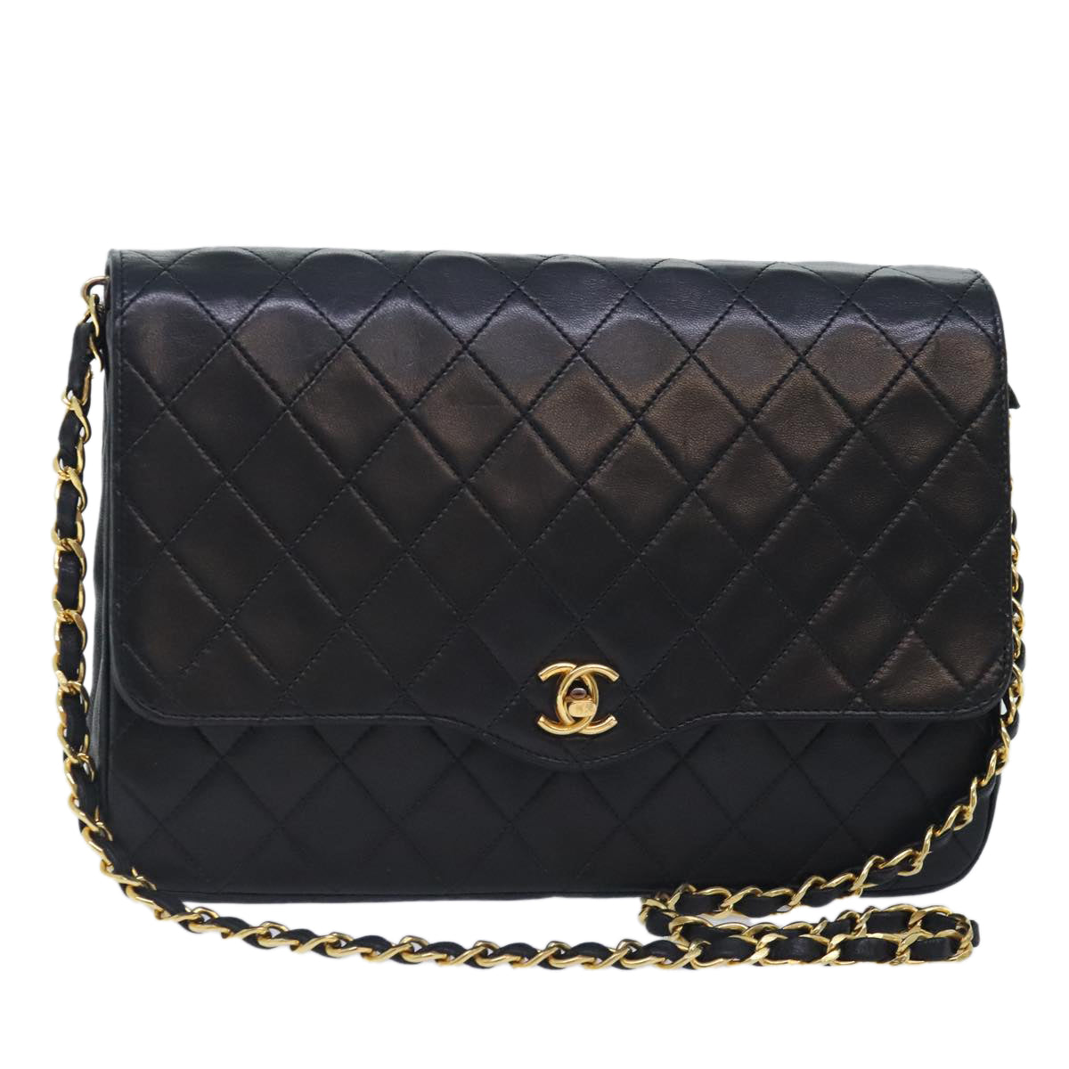 CHANEL Matelasse Chain Shoulder Bag Lamb Skin Black CC Auth bs17837