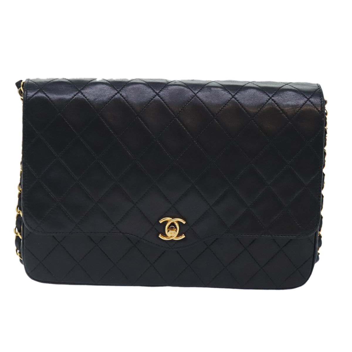 CHANEL Matelasse Chain Shoulder Bag Lamb Skin Black CC Auth bs17837