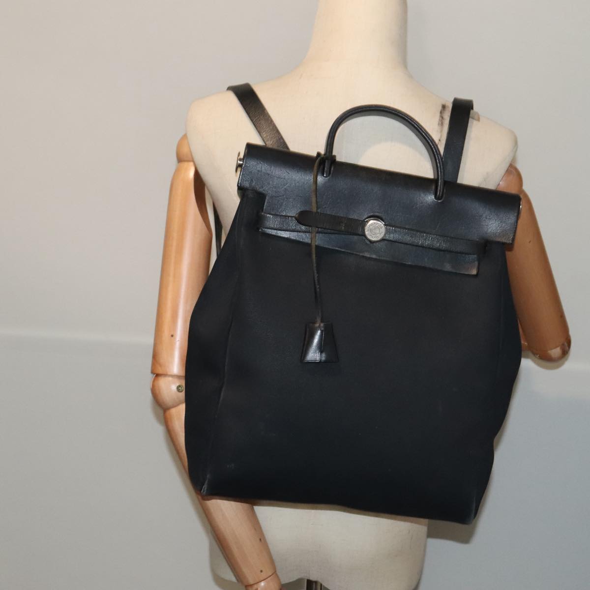 HERMES Herbag A Dos Backpack Canvas Leather Black Auth bs17849