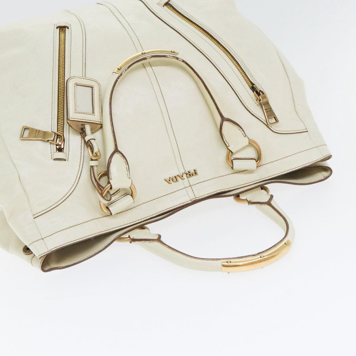 PRADA Hand Bag Leather White Gold Auth bs17857