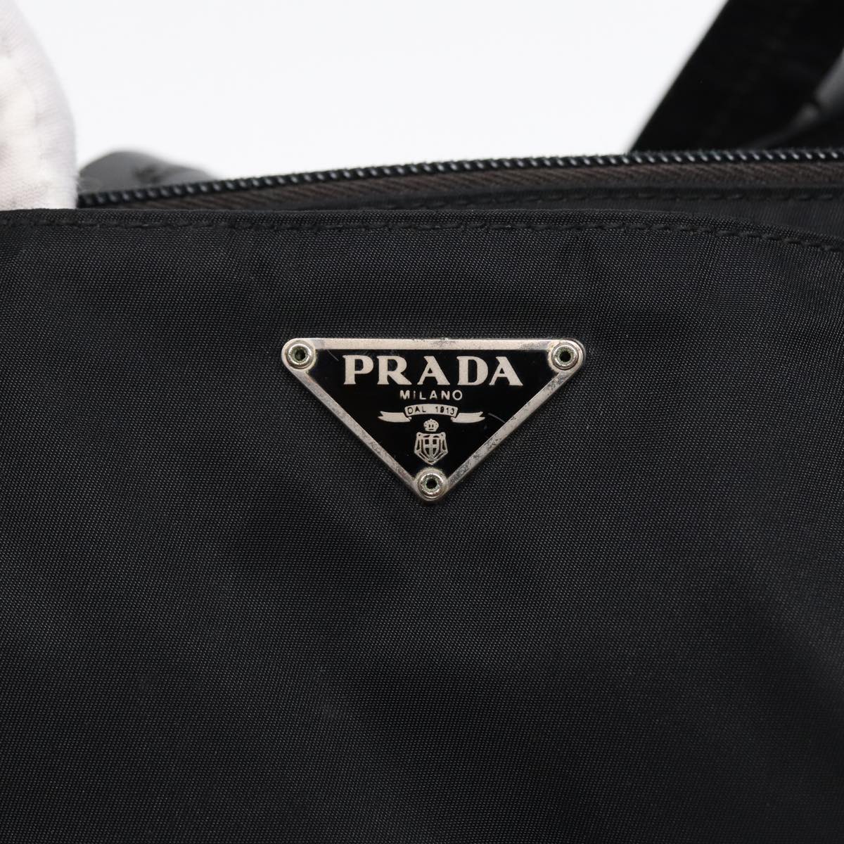 PRADA Tote Bag Nylon Silver Black Auth bs17867