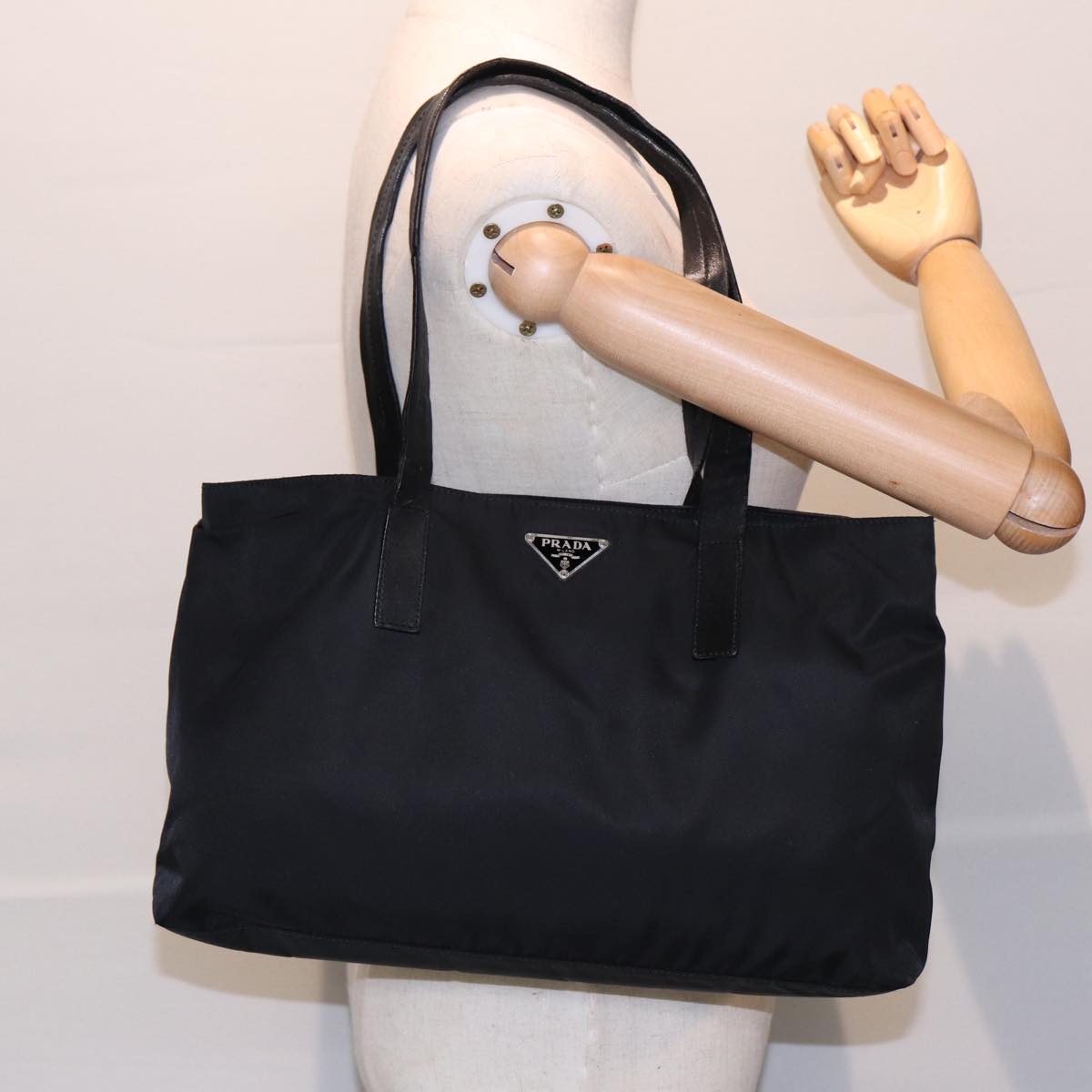 PRADA Tote Bag Nylon Silver Black Auth bs17867