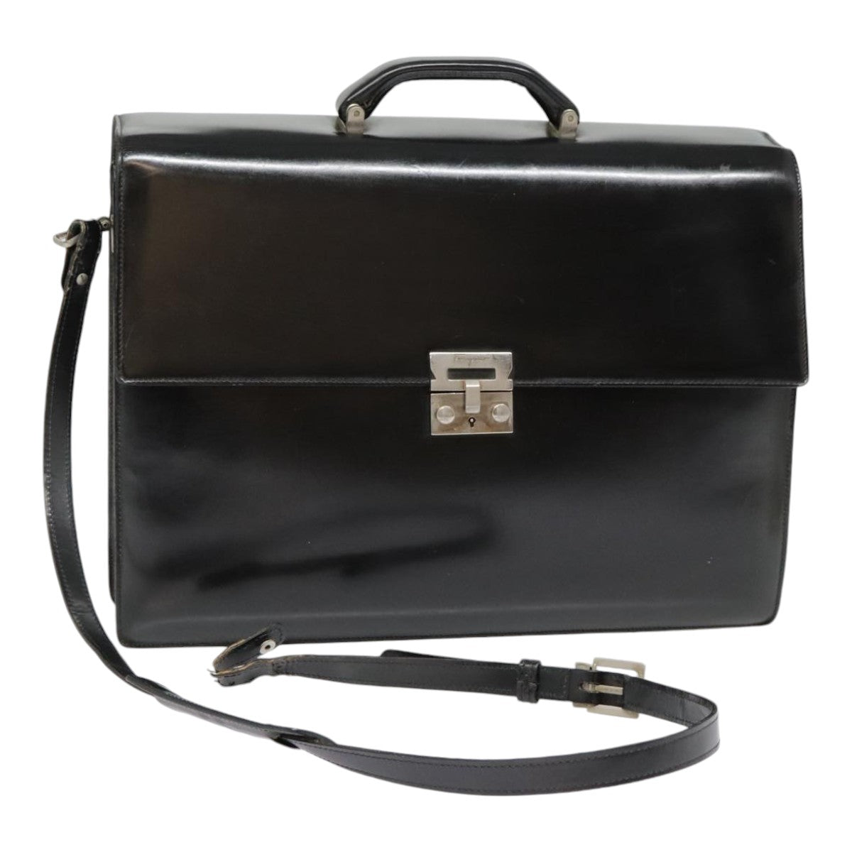 Salvatore Ferragamo Briefcase Leather Black Silver Auth bs17874