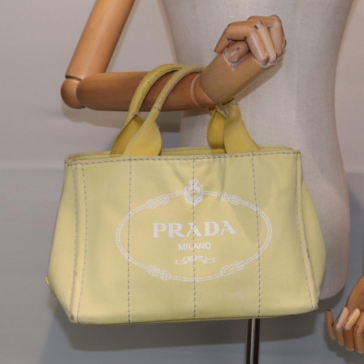 PRADA Canapa PM Hand Bag Canvas Yellow Gold Auth bs17875