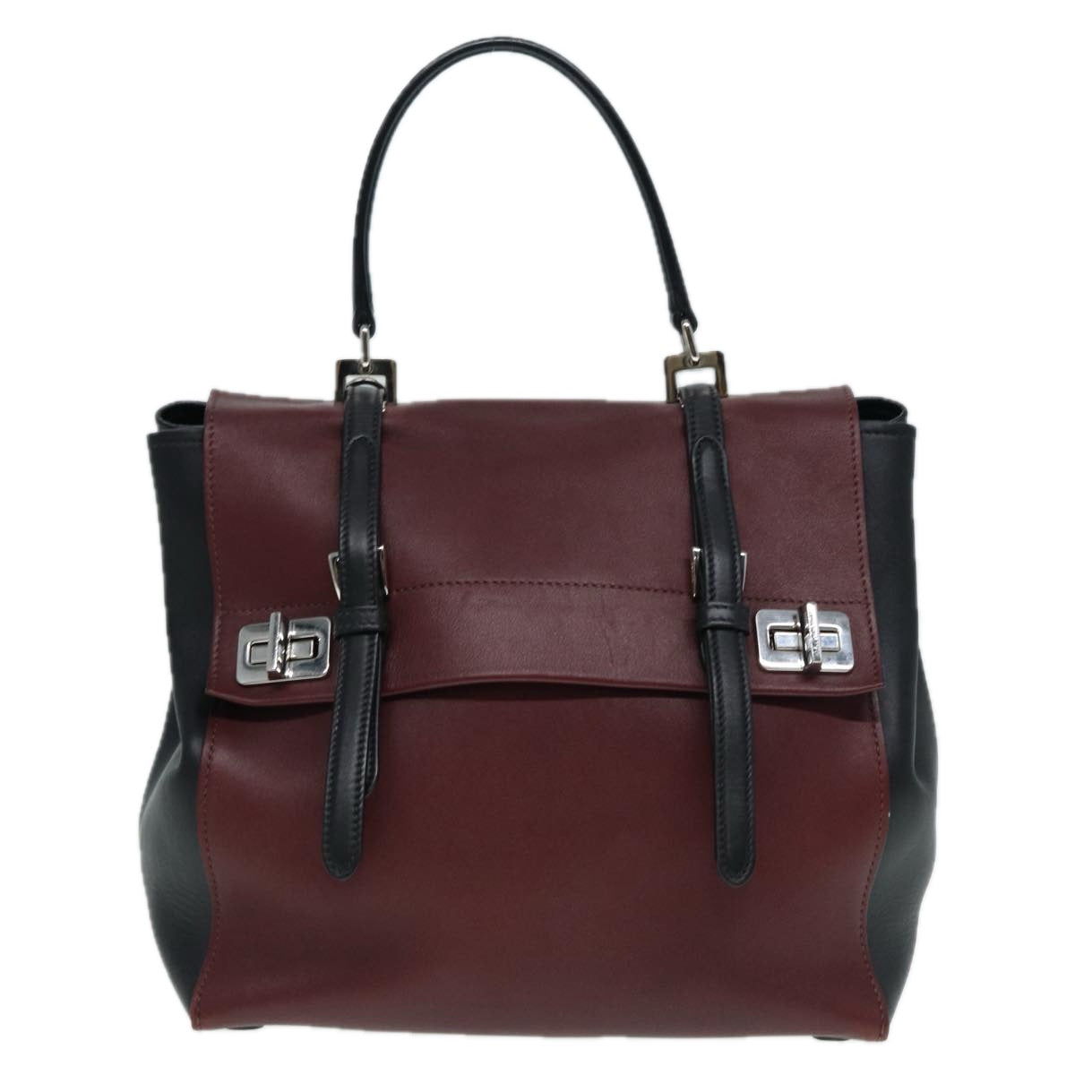 PRADA Hand Bag Leather Wine Red Silver Auth bs17882