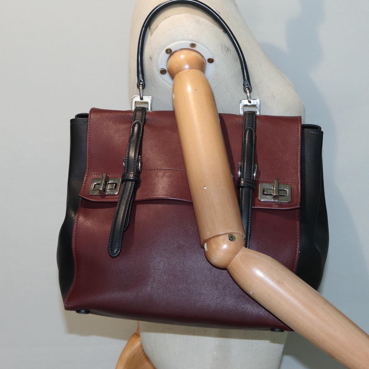 PRADA Hand Bag Leather Wine Red Silver Auth bs17882