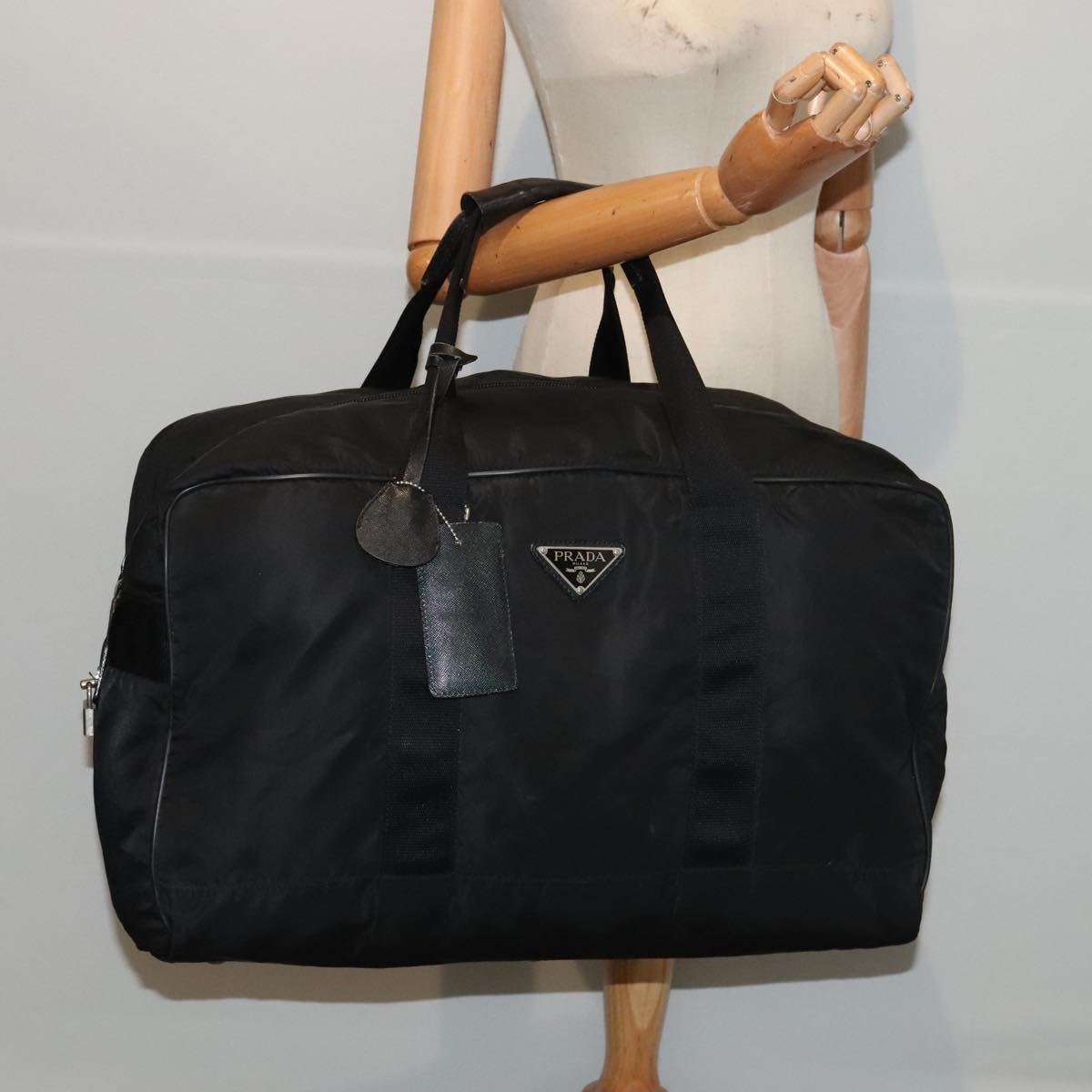 PRADA Boston Bag Nylon Black Silver Auth bs17884