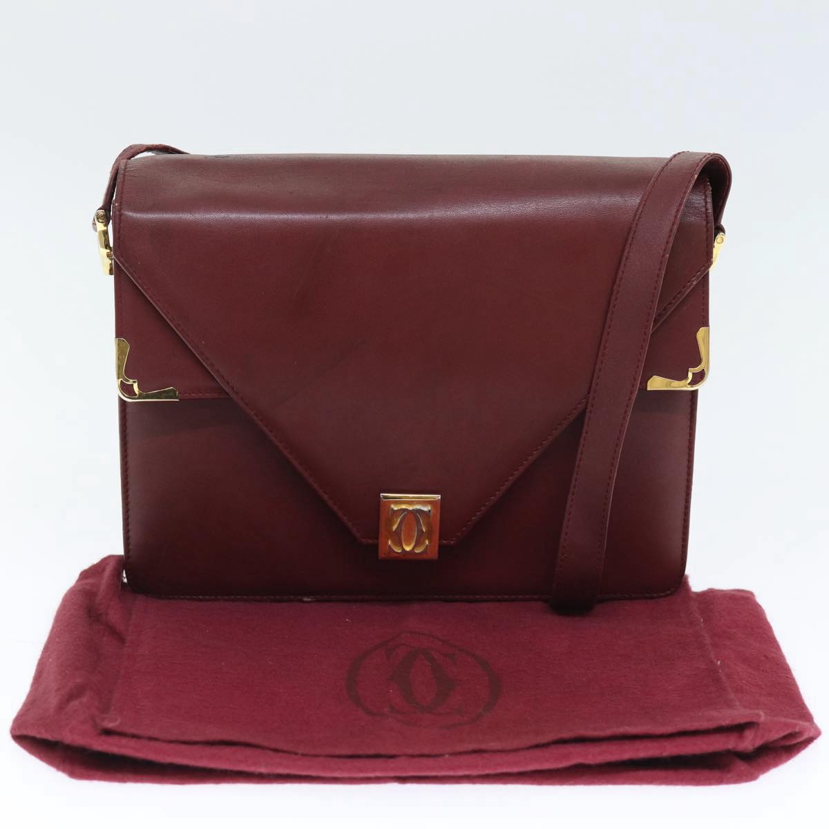 CARTIER Must Line Shoulder Bag Leather Bordeaux Gold Auth bs17888