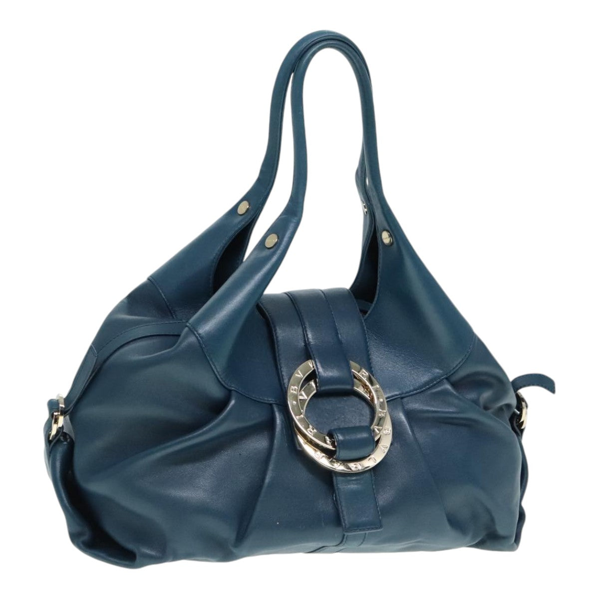 BVLGARI Hand Bag Leather Blue Silver Auth bs17898