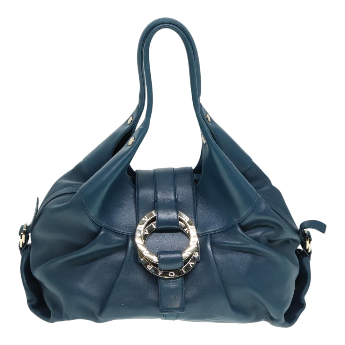 BVLGARI Hand Bag Leather Blue Silver Auth bs17898