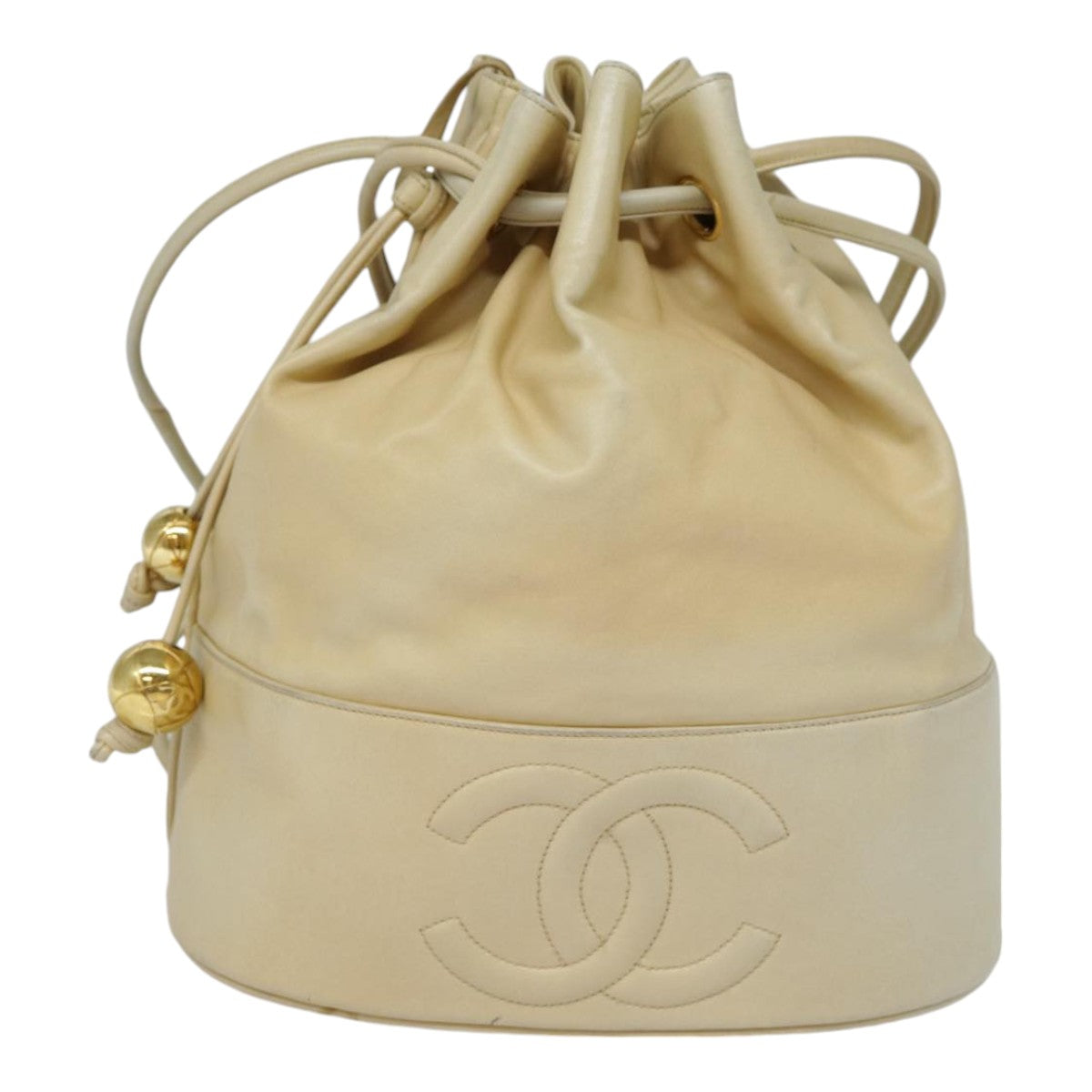 CHANEL Shoulder Bag Lamb Skin Beige Gold CC Auth bs17904