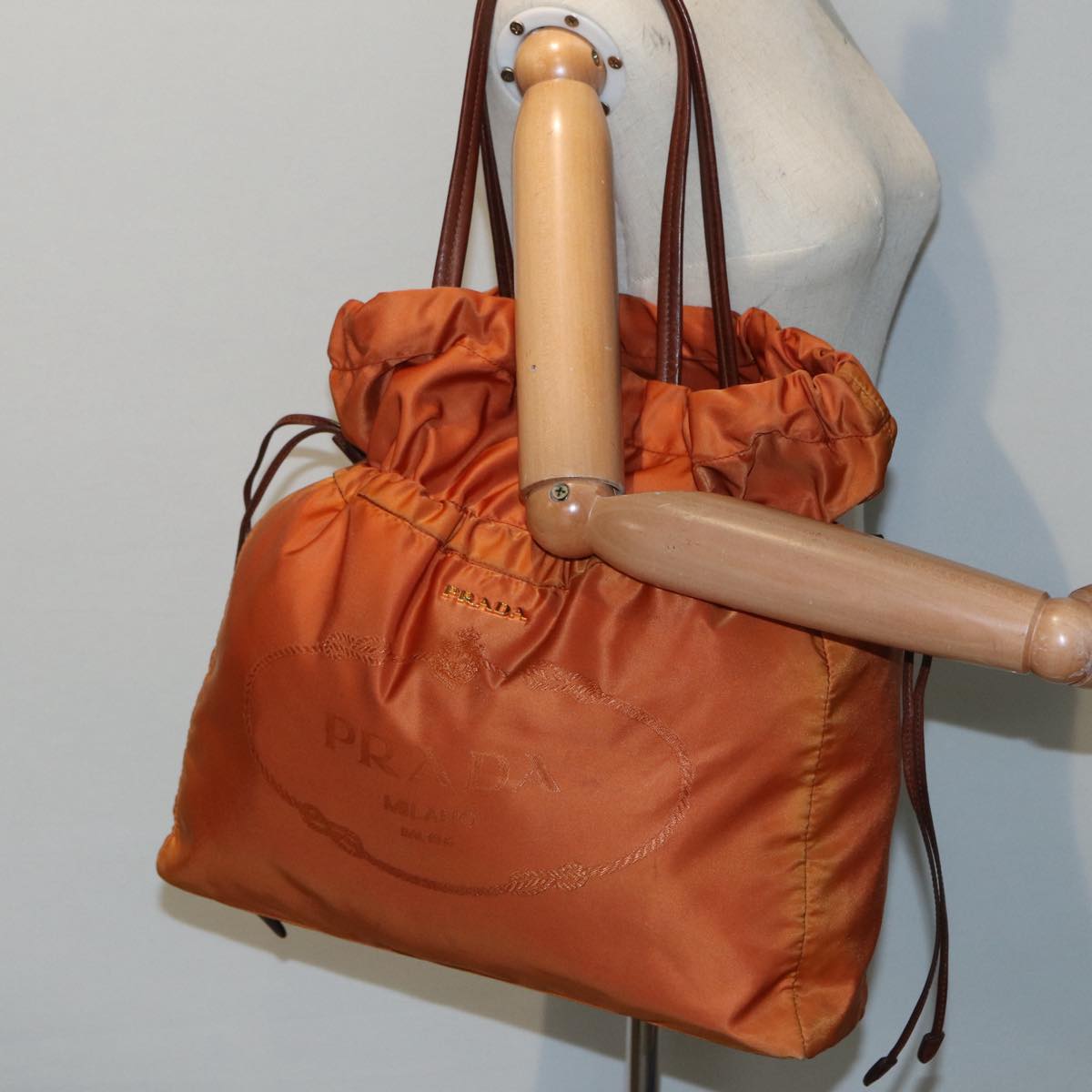 PRADA Shoulder Bag Nylon Orange Brown gold Auth bs17925