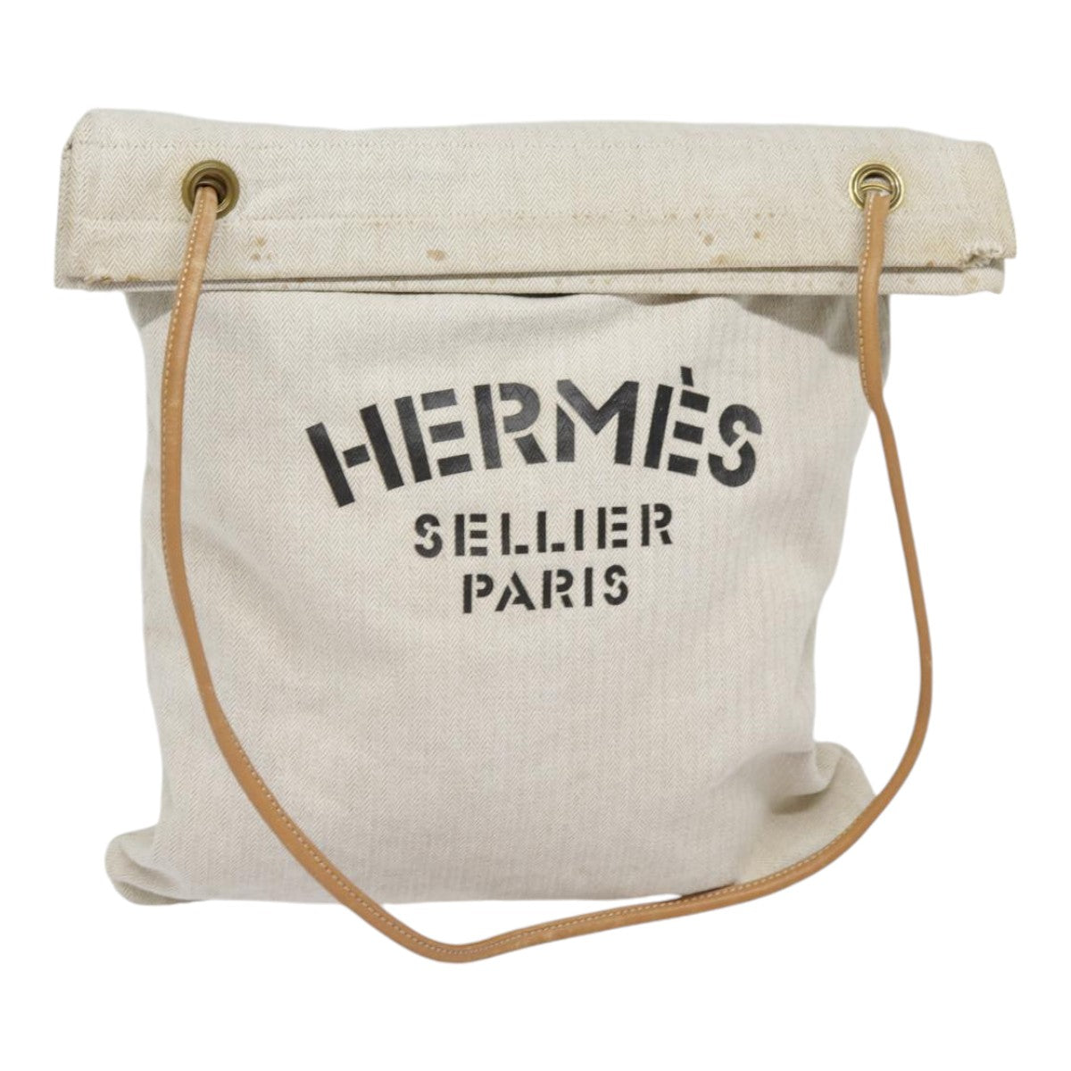 HERMES Shoulder Bag Canvas Leather Beige Gold Auth bs17927