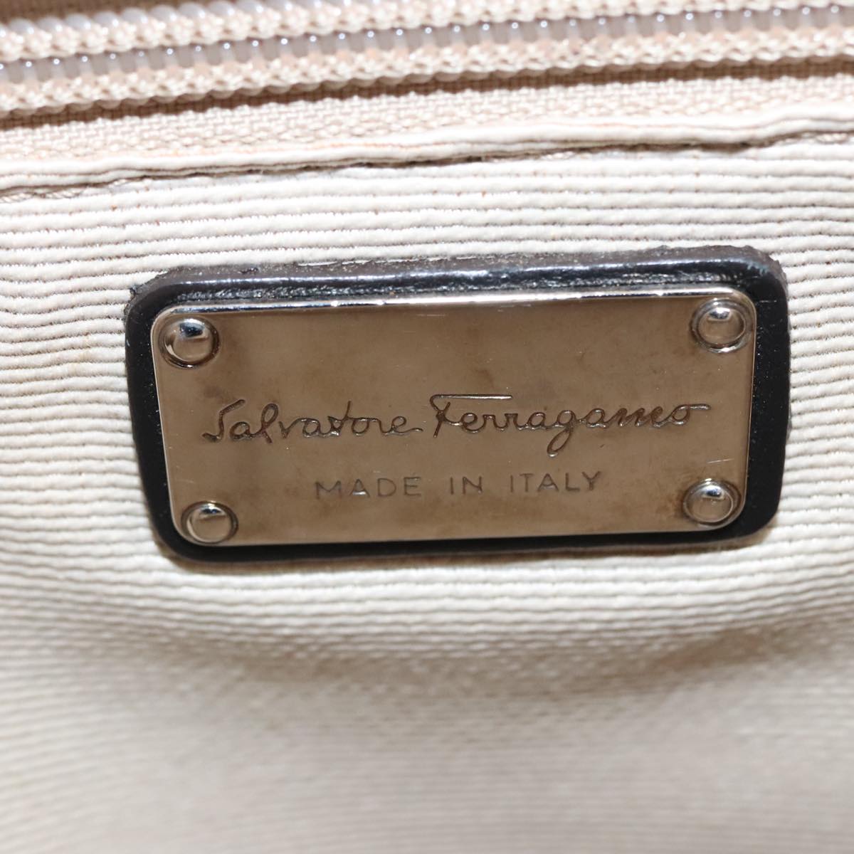 Salvatore Ferragamo Hand Bag Nylon Leather 2way Beige Black Silver Auth bs17933