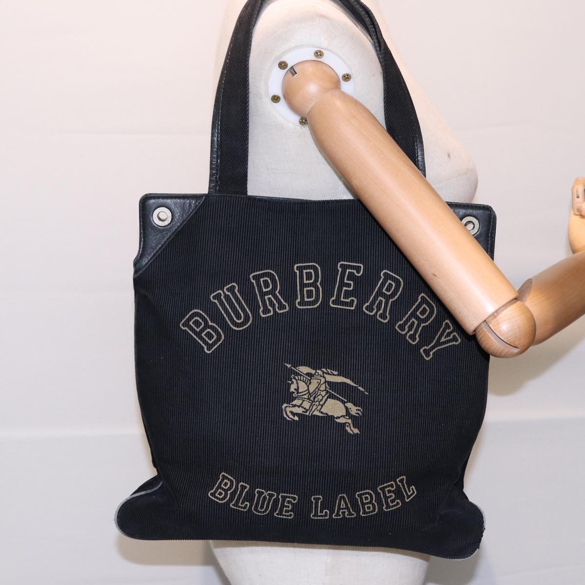 BURBERRY Tote Bag Corduroy Leather Black Silver Auth bs17934