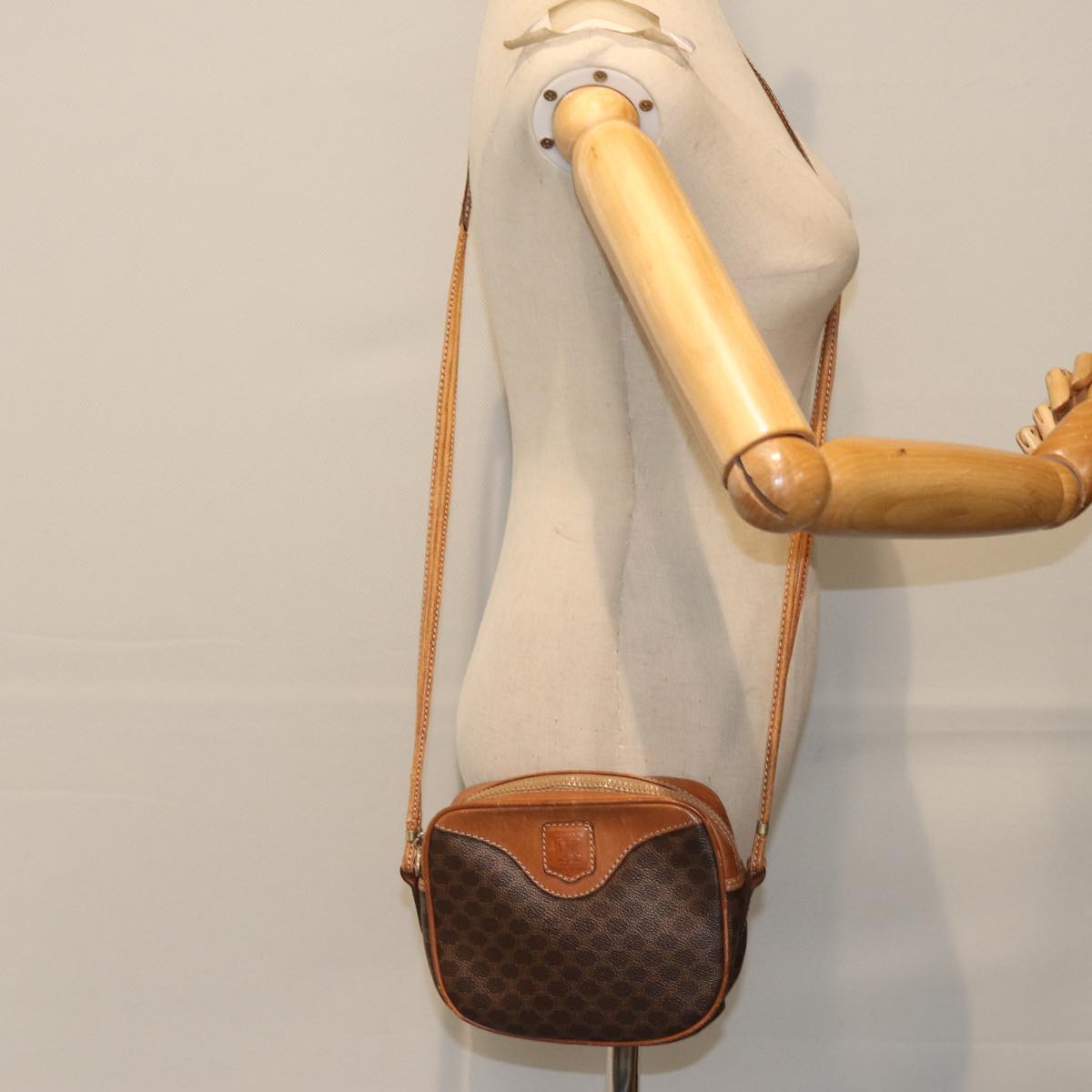 CELINE Macadam Canvas Shoulder Bag PVC Leather Brown Gold Auth bs17938