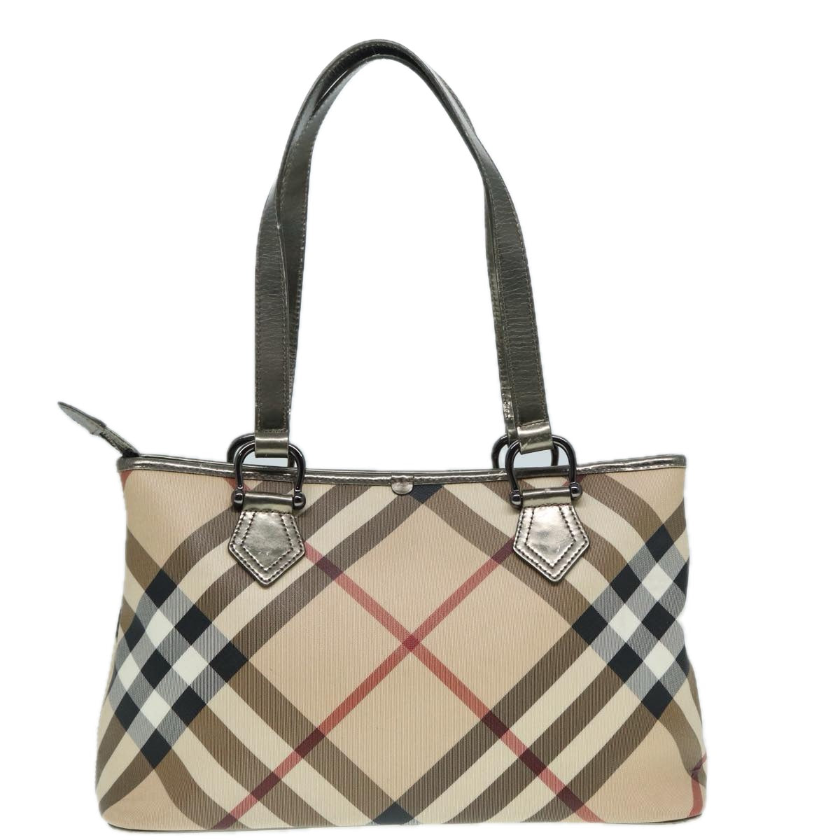 BURBERRY Nova Check Tote Bag PVC Beige Silver Auth bs17945