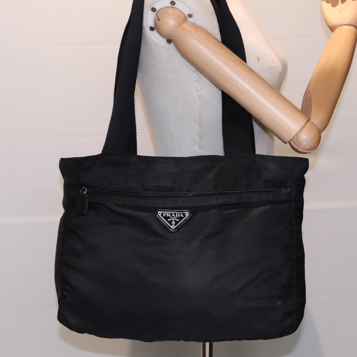 PRADA Tote Bag Nylon Black Silver Auth bs17948