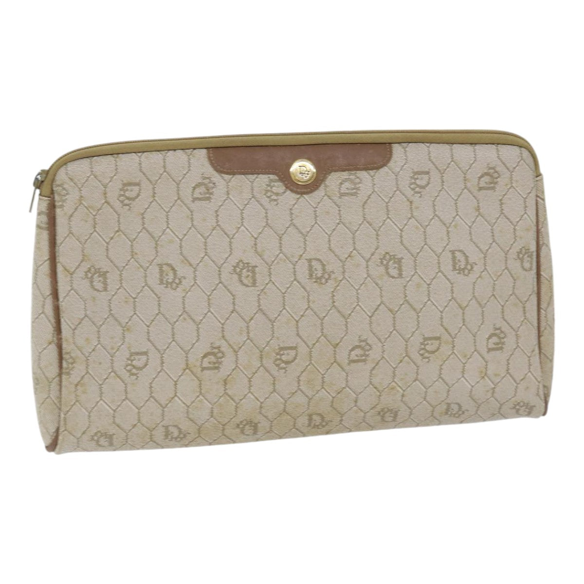 Christian Dior Honeycomb Canvas Clutch Bag PVC Leather Beige Auth bs17952