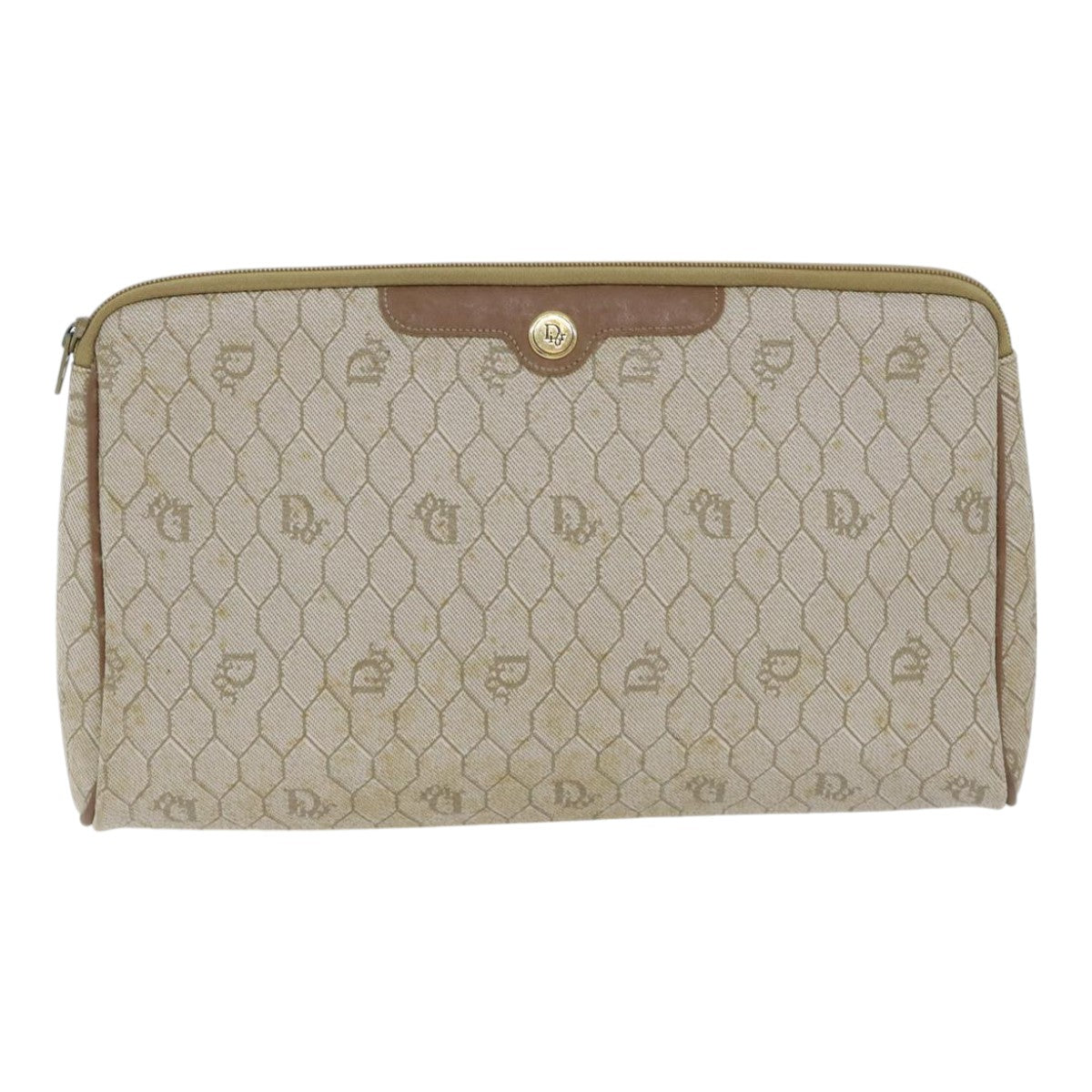 Christian Dior Honeycomb Canvas Clutch Bag PVC Leather Beige Auth bs17952 - 0