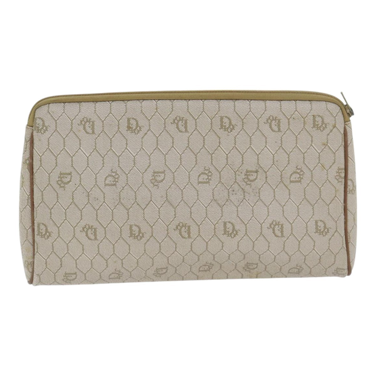 Christian Dior Honeycomb Canvas Clutch Bag PVC Leather Beige Auth bs17952