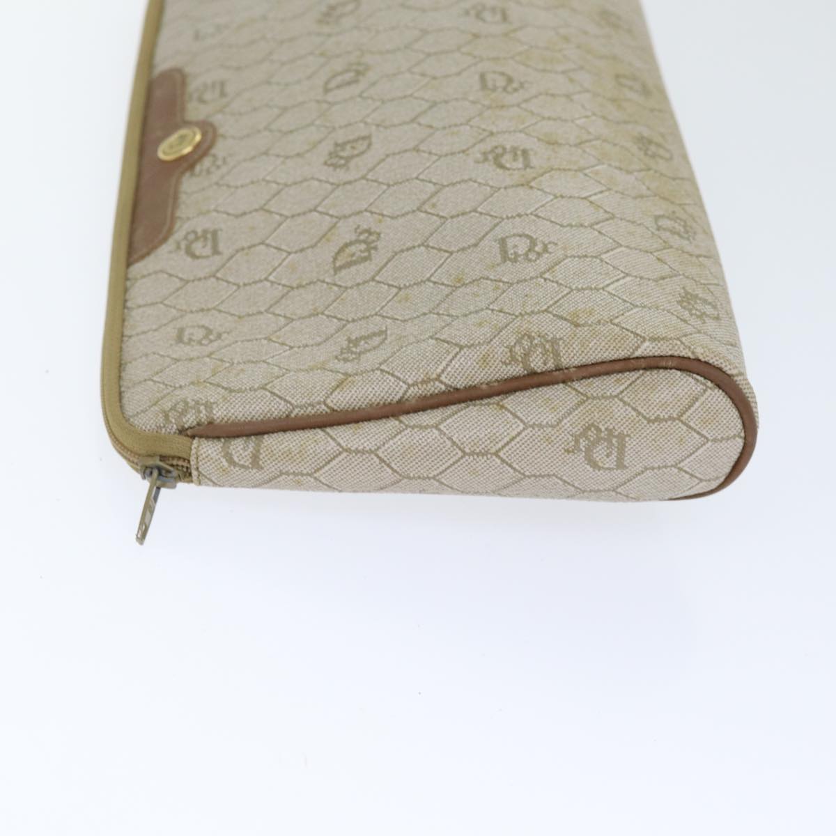 Christian Dior Honeycomb Canvas Clutch Bag PVC Leather Beige Auth bs17952