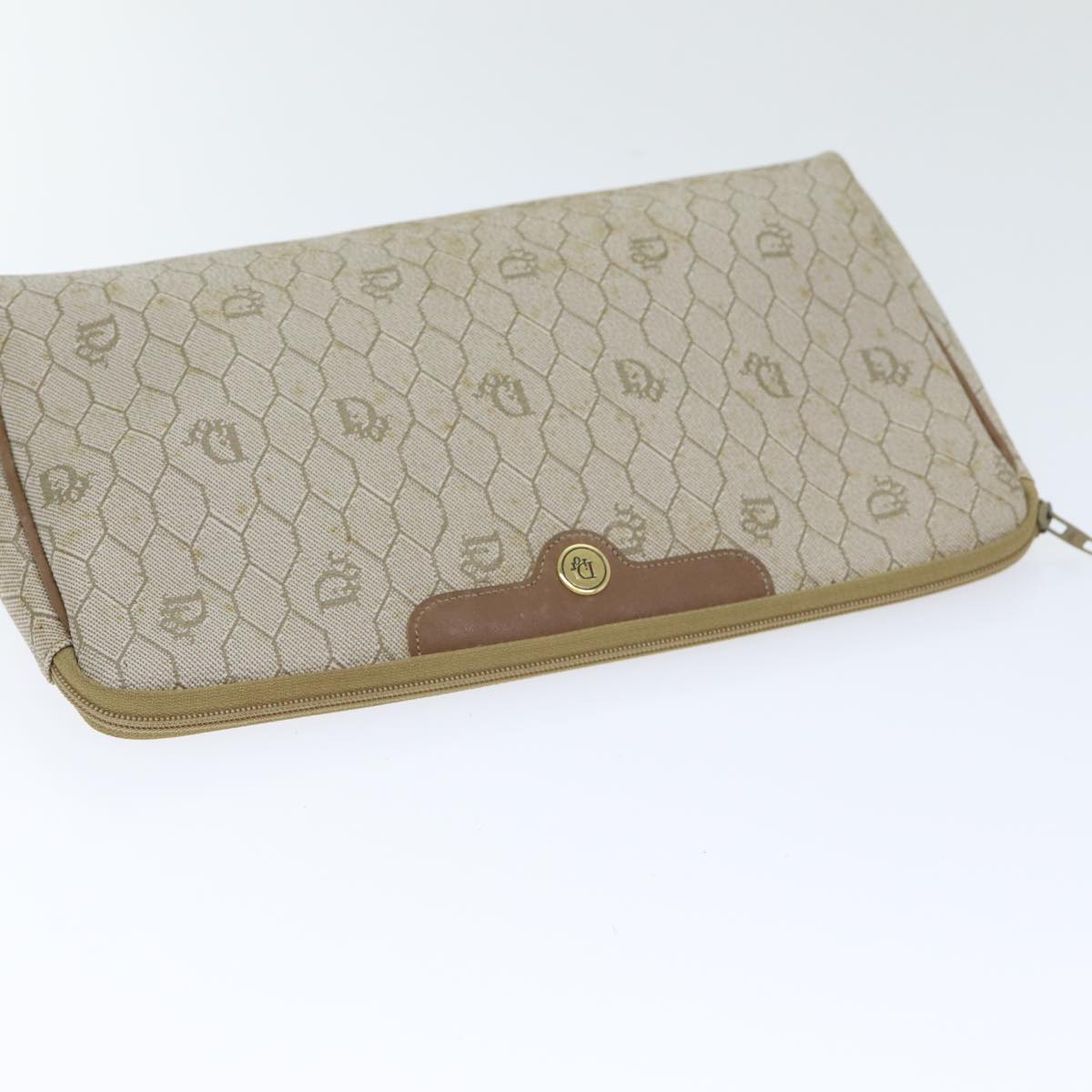 Christian Dior Honeycomb Canvas Clutch Bag PVC Leather Beige Auth bs17952