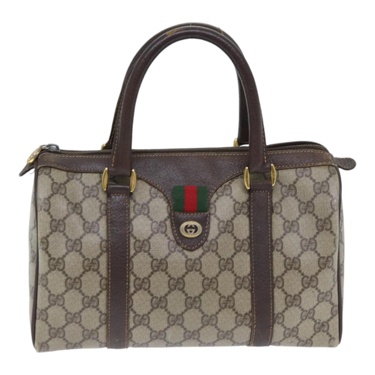 GUCCI GG Supreme Web Sherry Line Boston Bag PVC Beige Gold Red Auth bs17972