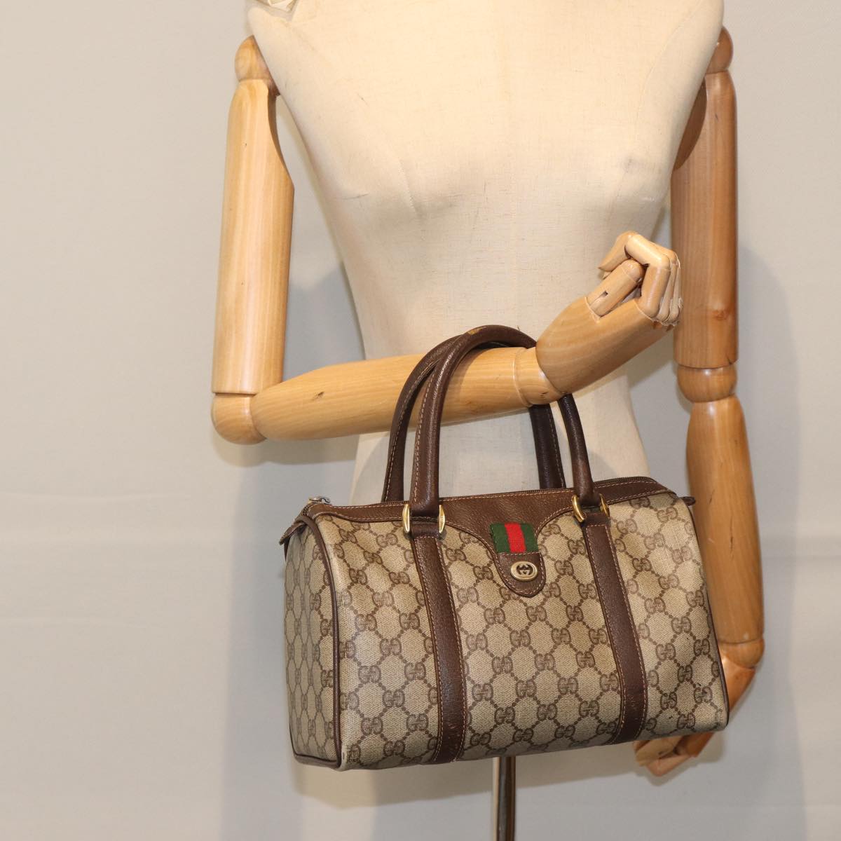 GUCCI GG Supreme Web Sherry Line Boston Bag PVC Beige Gold Red Auth bs17972