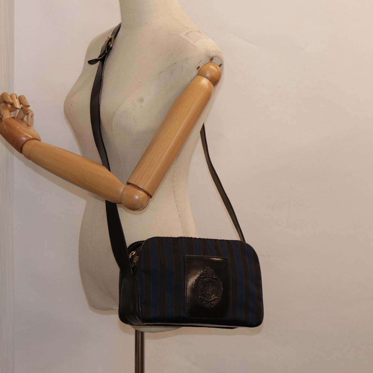 CELINE Shoulder Bag Canvas Navy Gold Auth bs17975