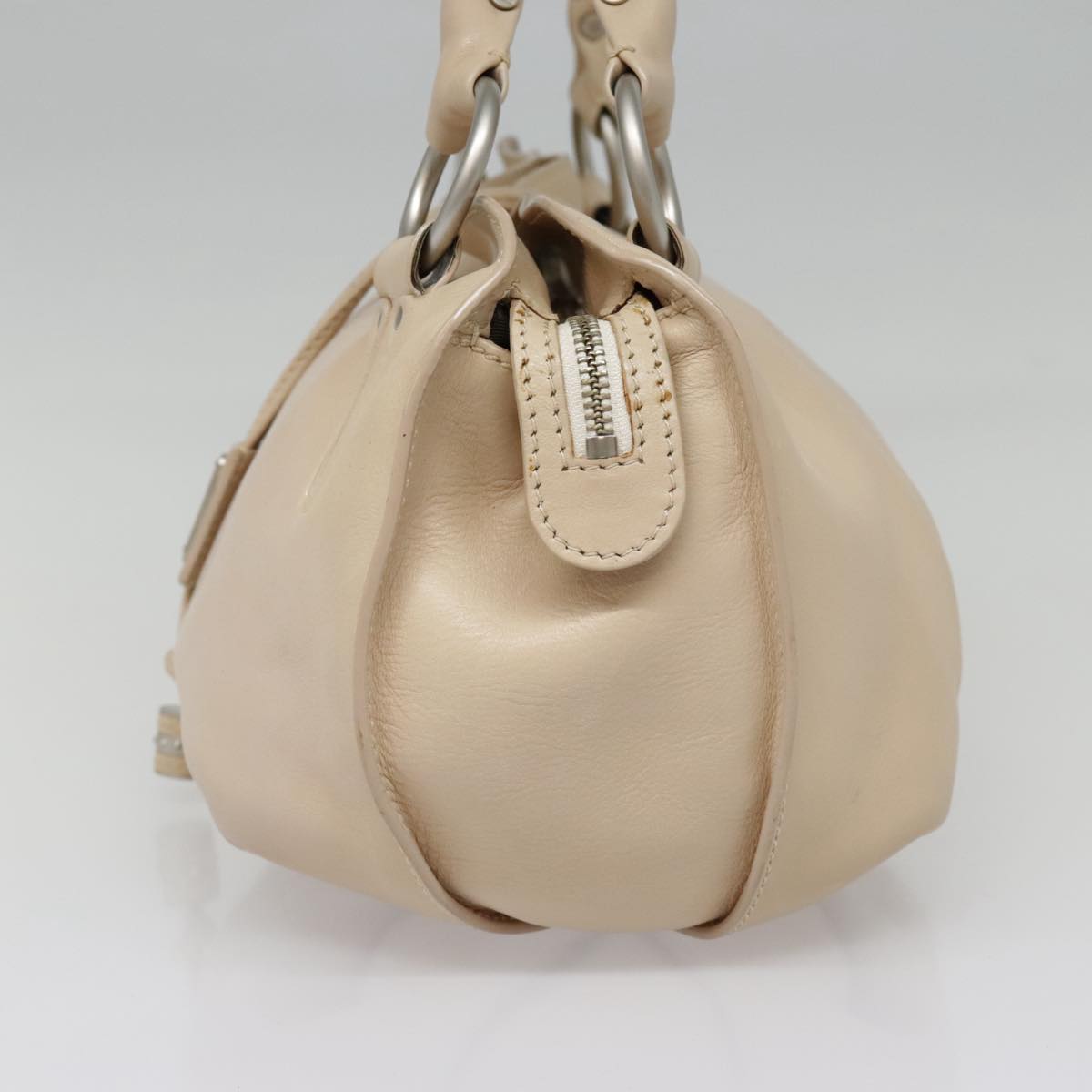 CELINE Hand Bag Leather Beige Silver Auth bs17976