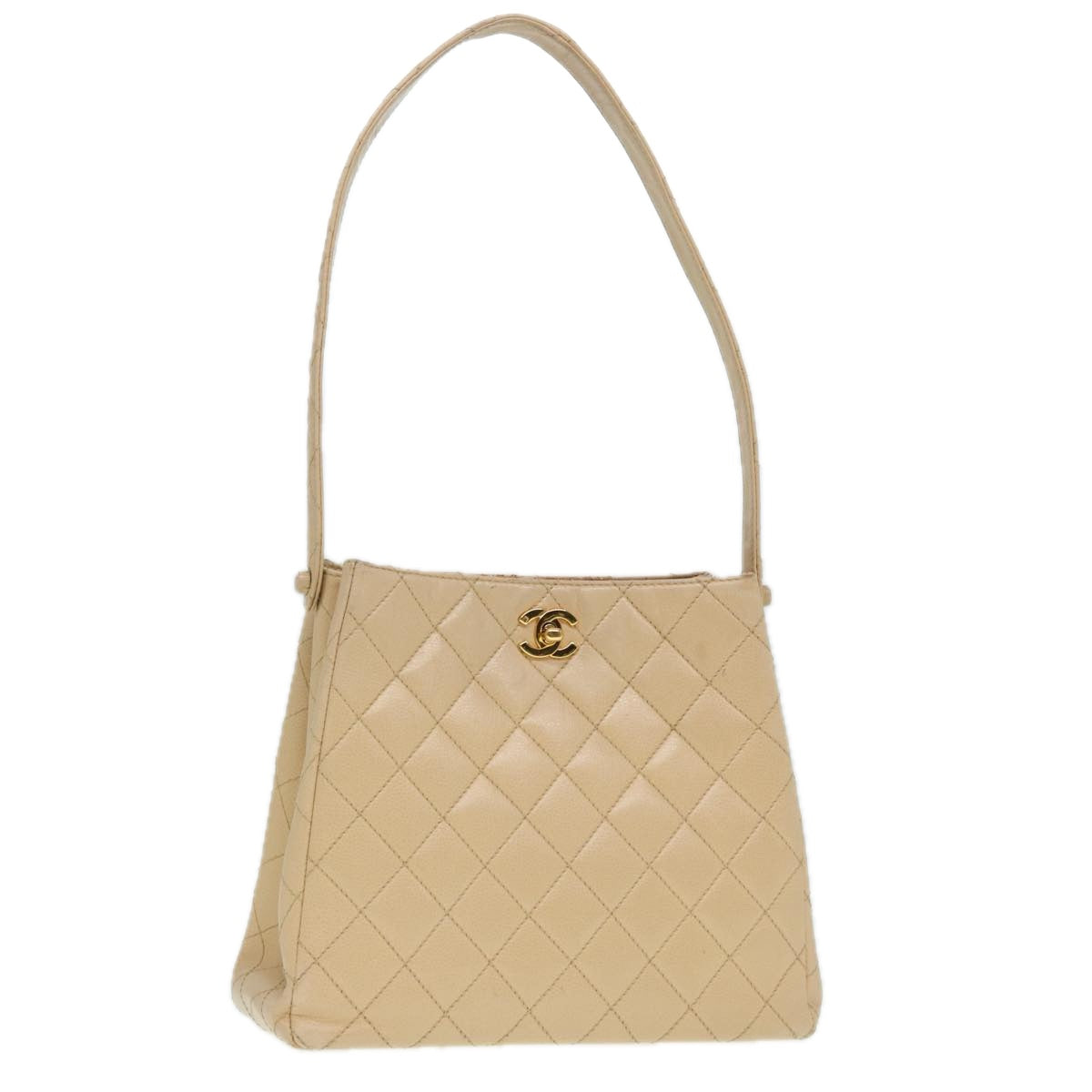 CHANEL Shoulder Bag Caviar Skin Beige Gold CC Auth bs17980