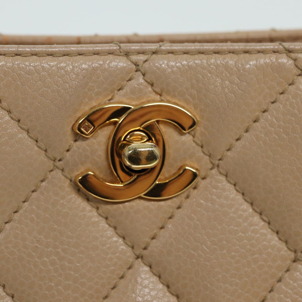 CHANEL Shoulder Bag Caviar Skin Beige Gold CC Auth bs17980