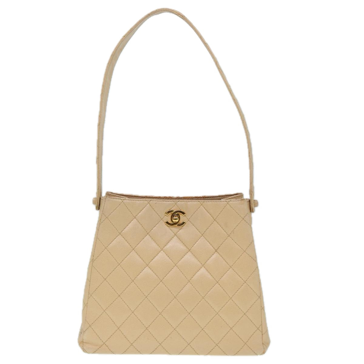 CHANEL Shoulder Bag Caviar Skin Beige Gold CC Auth bs17980