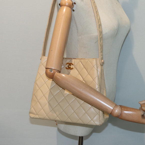 CHANEL Shoulder Bag Calf Skin Beige Gold CC Auth bs17980