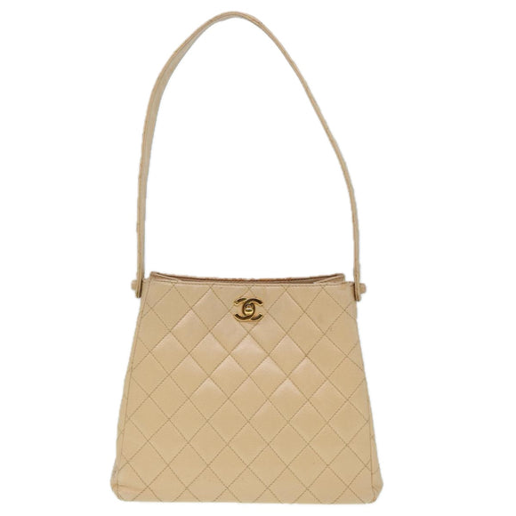 CHANEL Shoulder Bag Calf Skin Beige Gold CC Auth bs17980