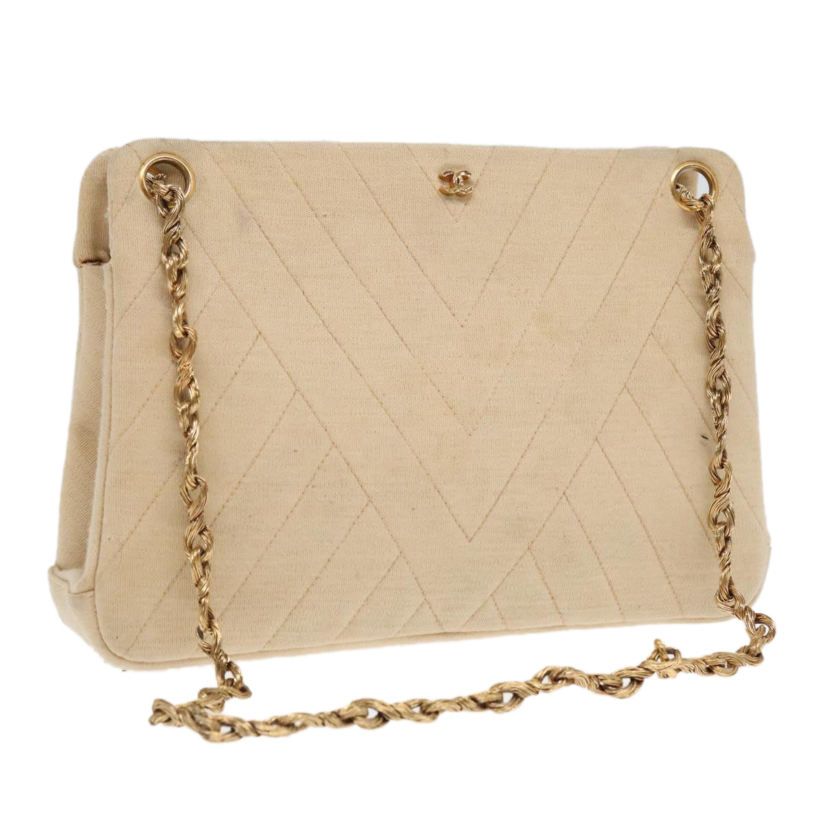 CHANEL Chain Shoulder Bag cotton Beige CC Auth bs18003