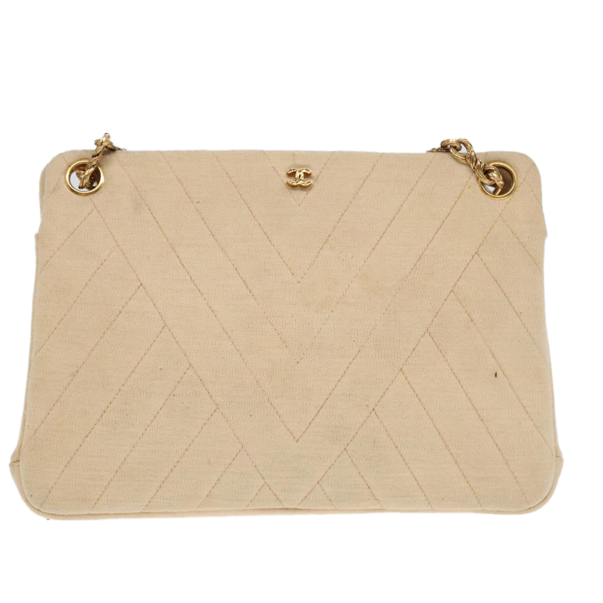 CHANEL Chain Shoulder Bag cotton Beige CC Auth bs18003