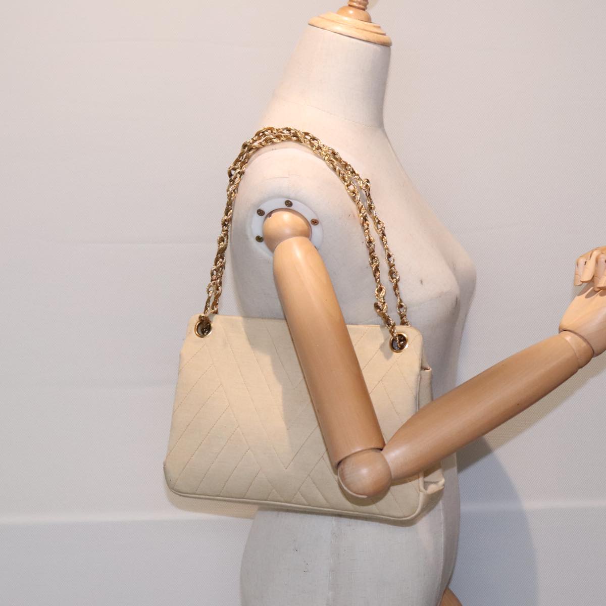 CHANEL Chain Shoulder Bag cotton Beige CC Auth bs18003