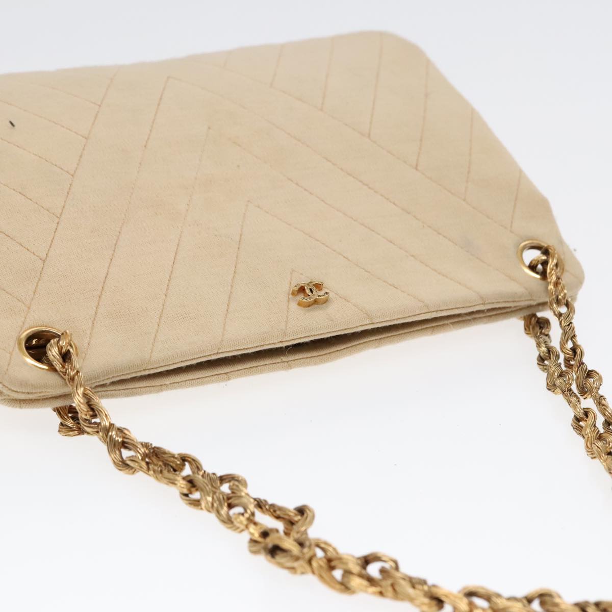 CHANEL Chain Shoulder Bag cotton Beige CC Auth bs18003