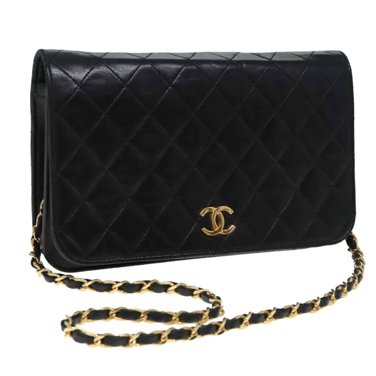 CHANEL Matelasse Chain Shoulder Bag Lamb Skin Black CC Auth bs18004